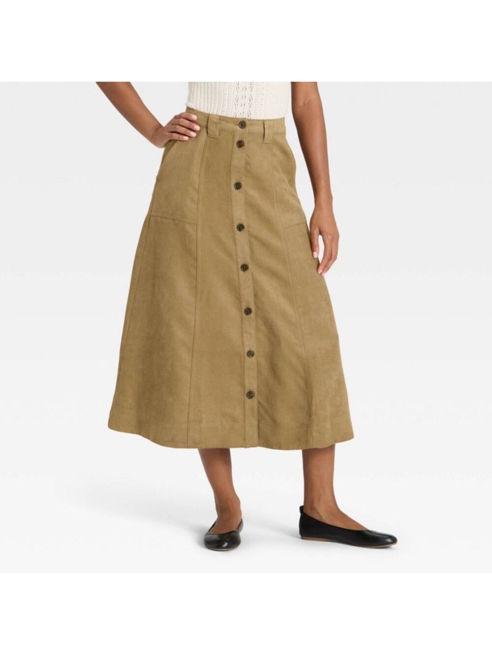 Button-Front A-Line Midi Skirt in mustard Tan faux suede